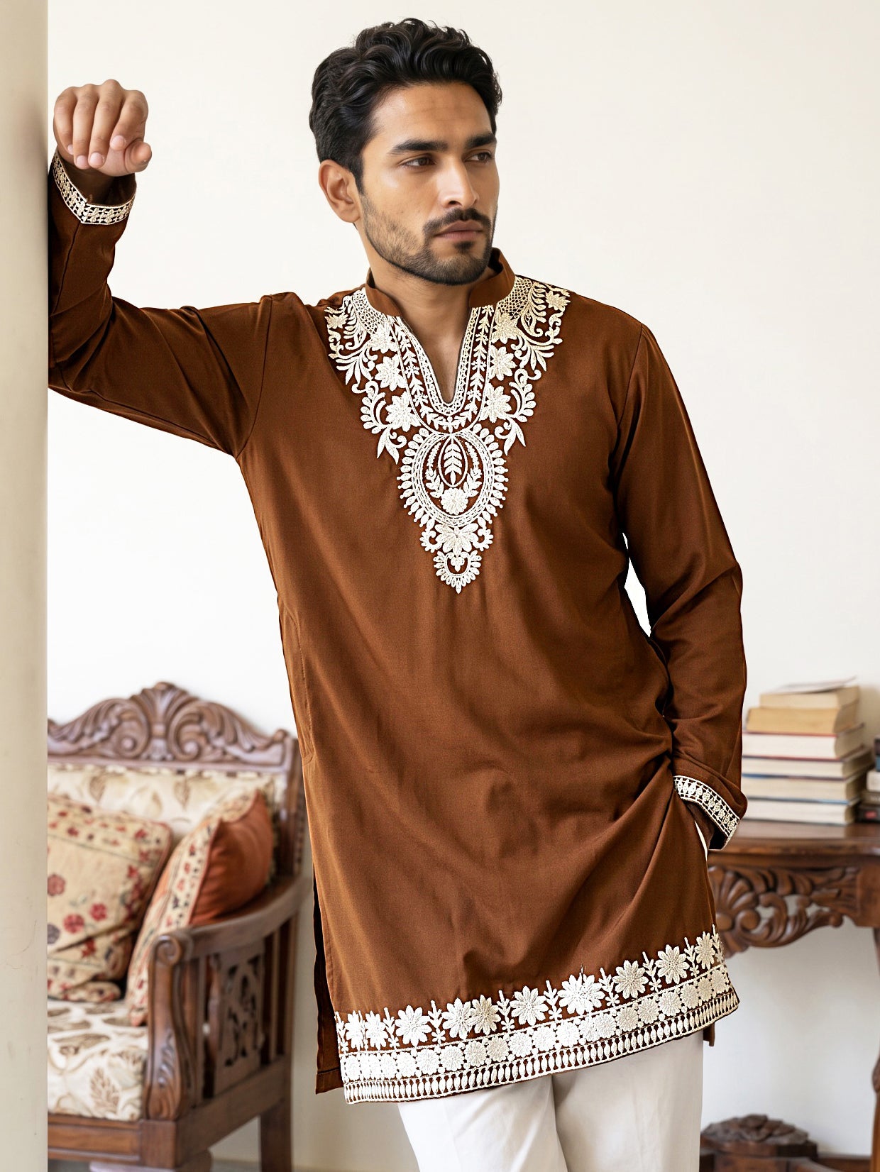 Ethnic Japanese Fabric Embroidered Kurta ( 65KO 5605Brown )