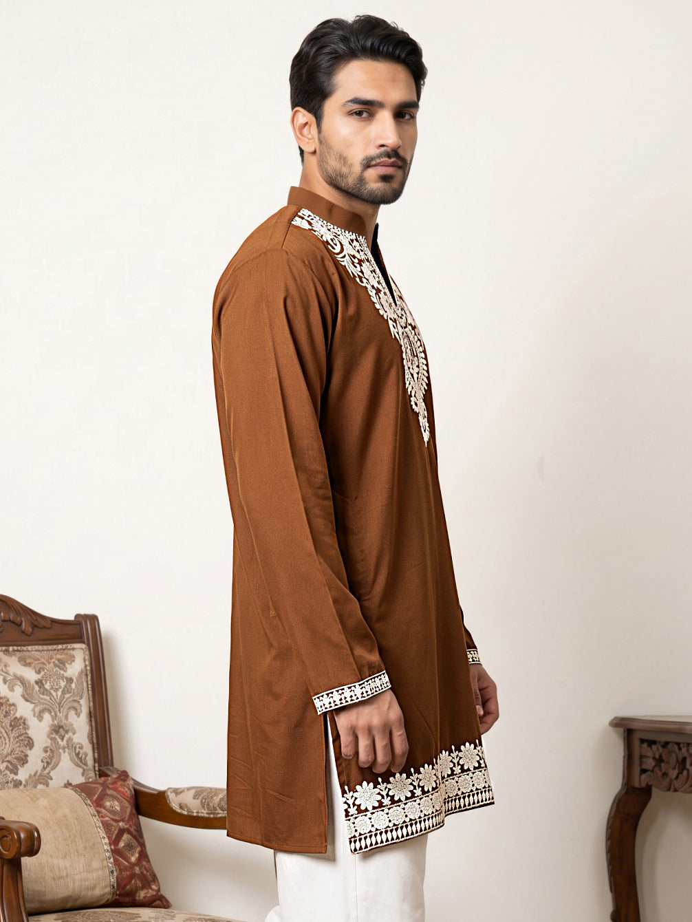 Ethnic Japanese Fabric Embroidered Kurta ( 65KO 5605Brown )