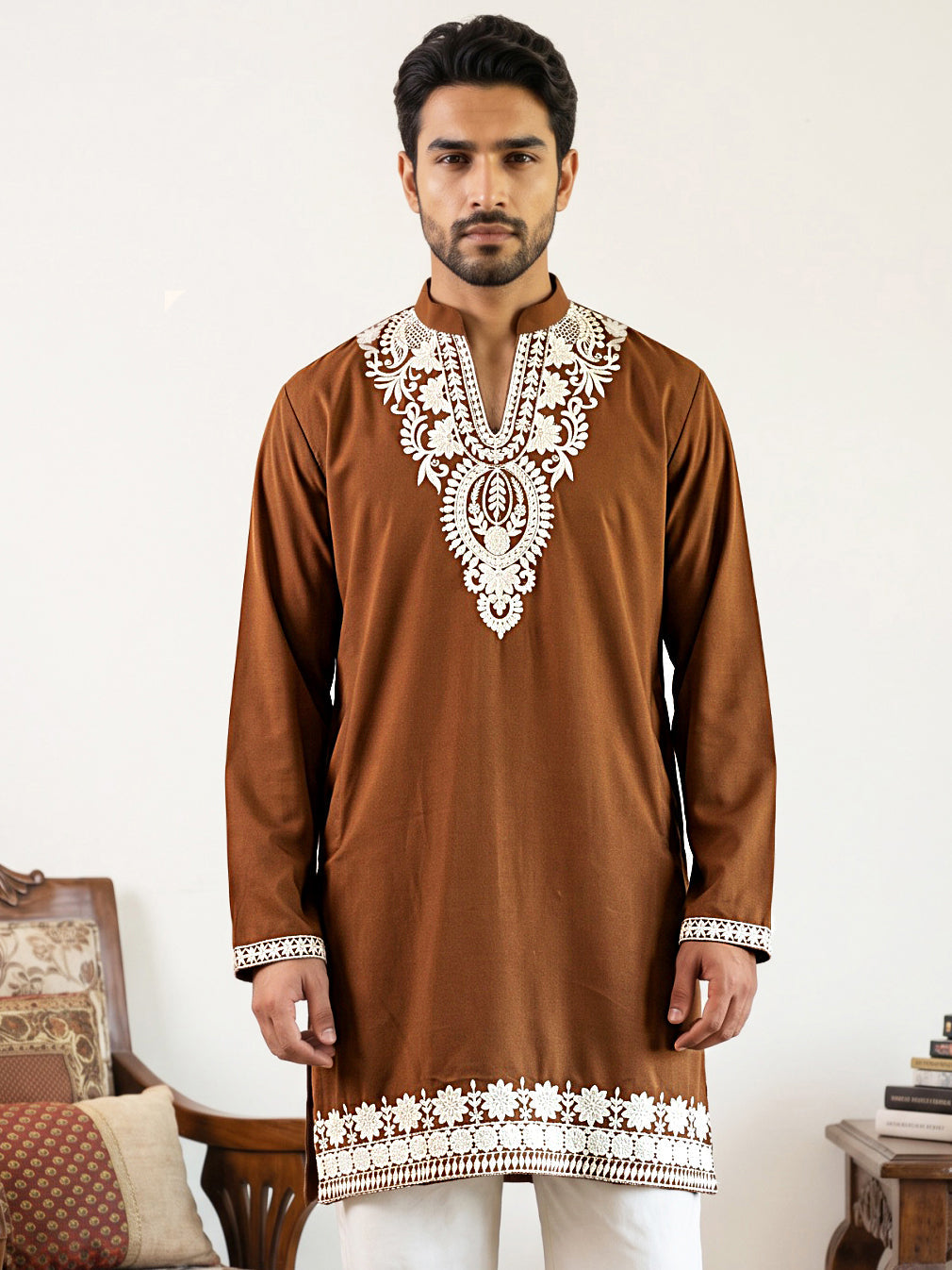 Ethnic Japanese Fabric Embroidered Kurta ( 65KO 5605Brown )