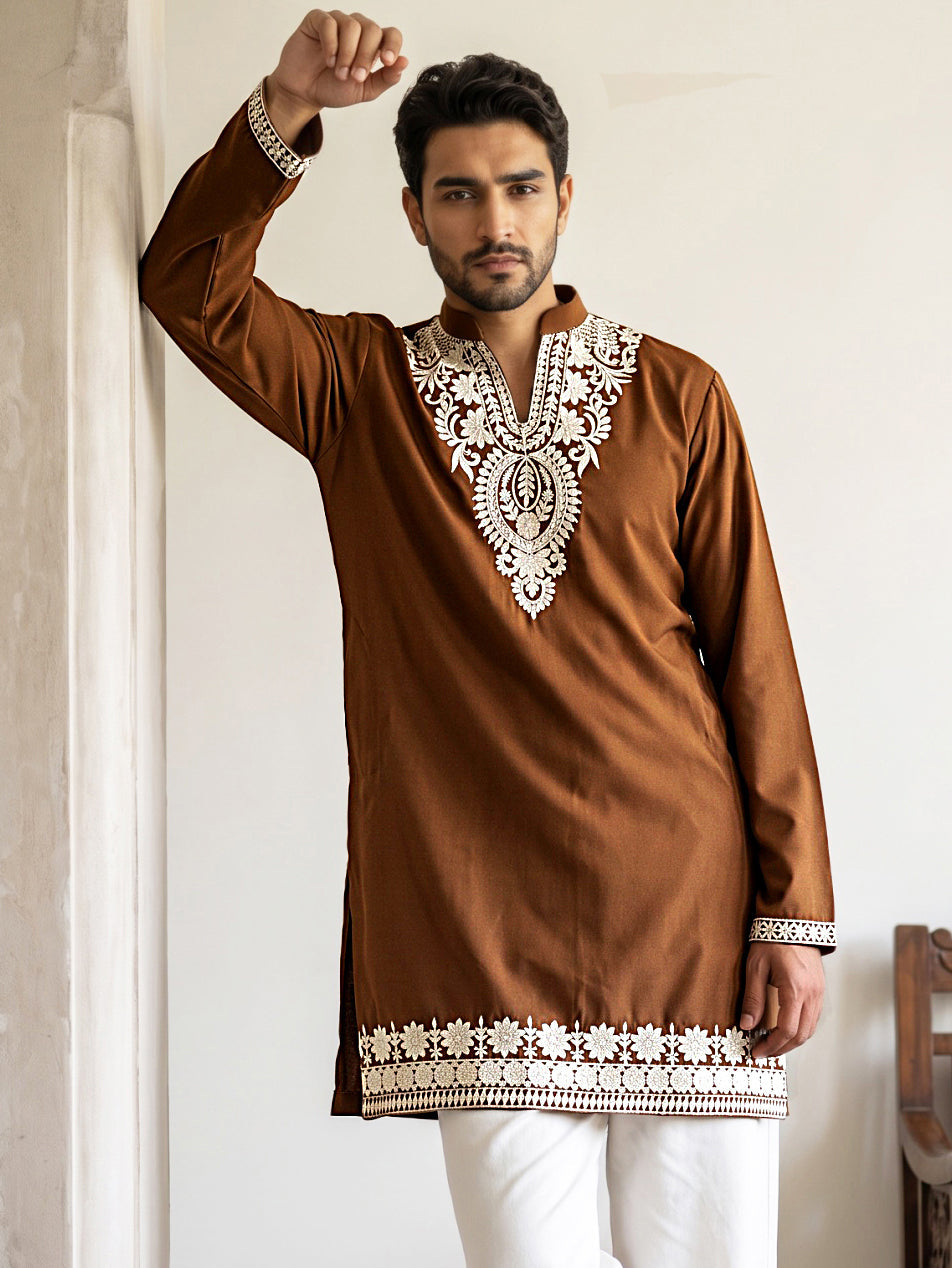 Ethnic Japanese Fabric Embroidered Kurta ( 65KO 5605Brown )