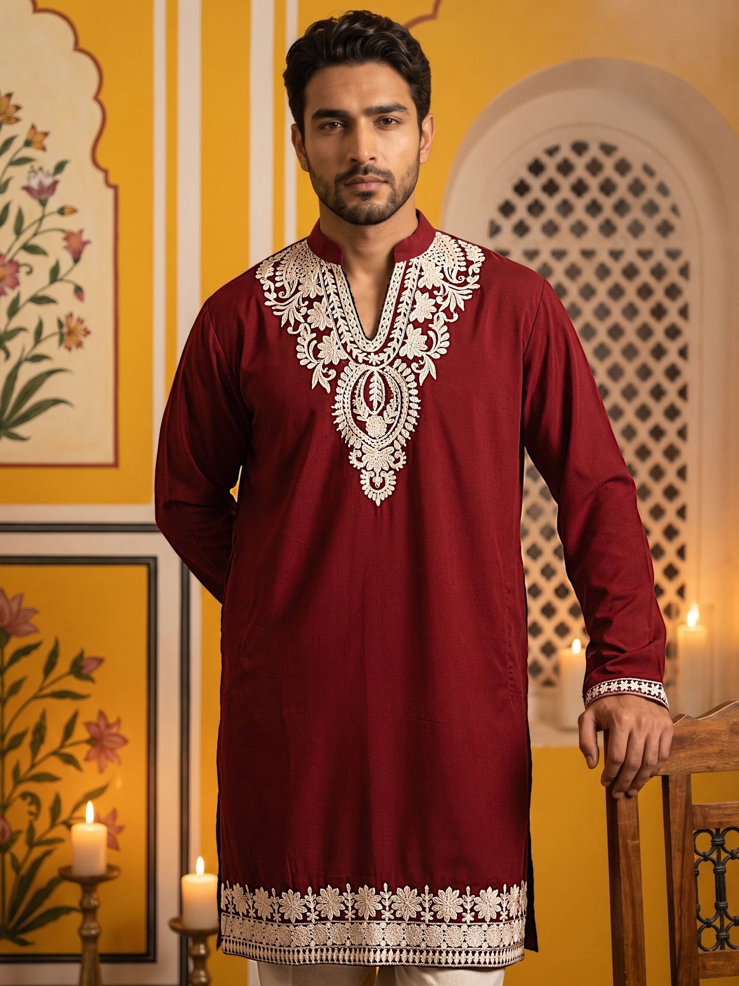 Ethnic Japanese Fabric Embroidered Kurta ( 65KO 5605Maroon )