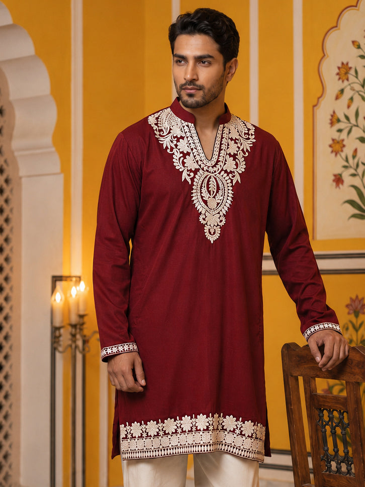 Ethnic Japanese Fabric Embroidered Kurta ( 65KO 5605Maroon )