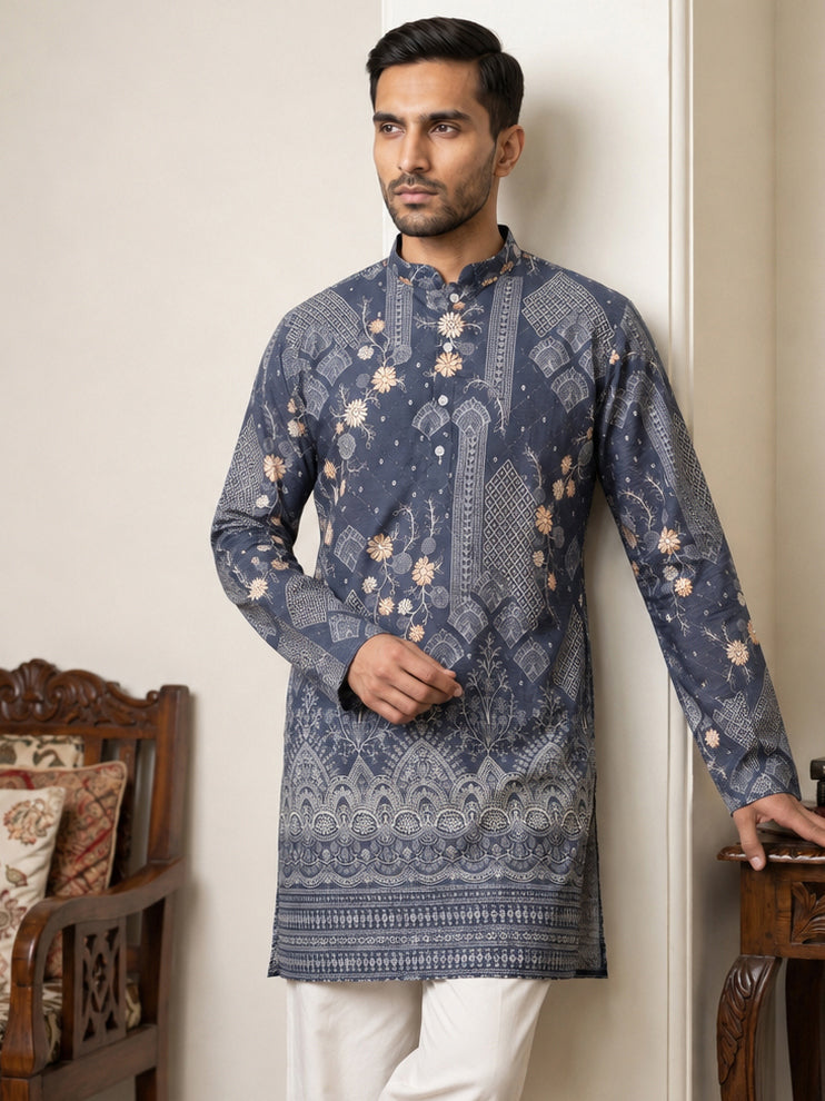 Traditional Cotton Blend Printed Kurta ( 65KO 5606Blue )