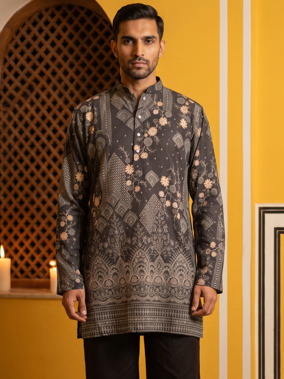 Traditional Cotton Blend Printed Kurta ( 65KO 5606Grey )