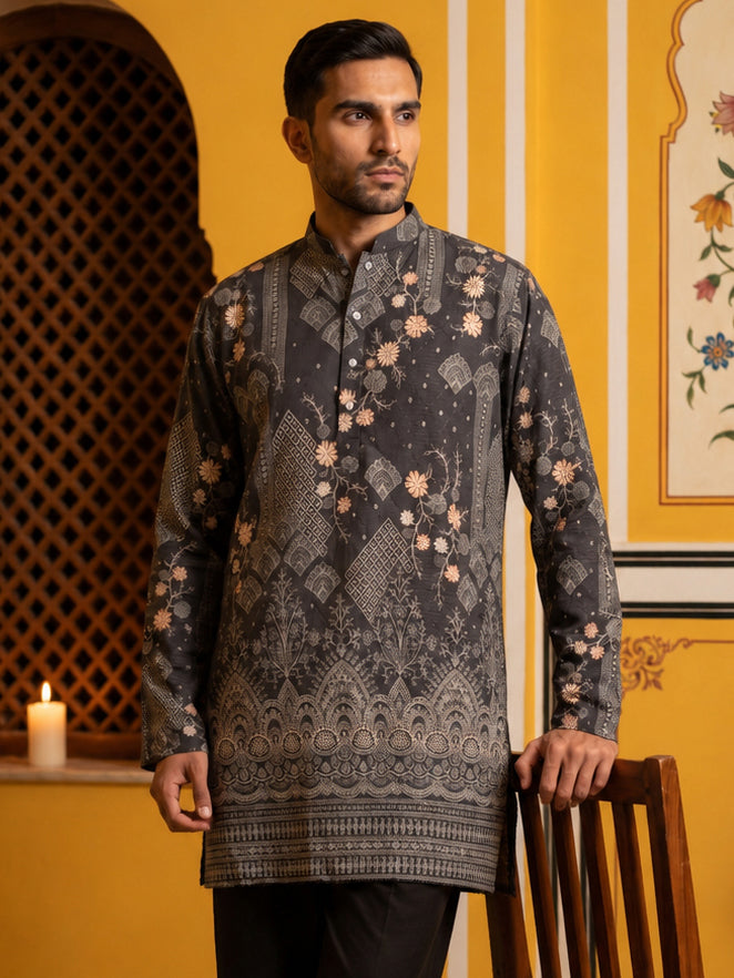 Traditional Cotton Blend Printed Kurta ( 65KO 5606Grey )