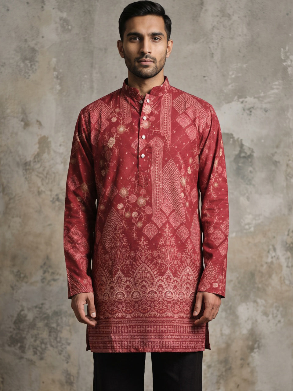 Traditional Cotton Blend Printed Kurta ( 65KO 5606Maroon )