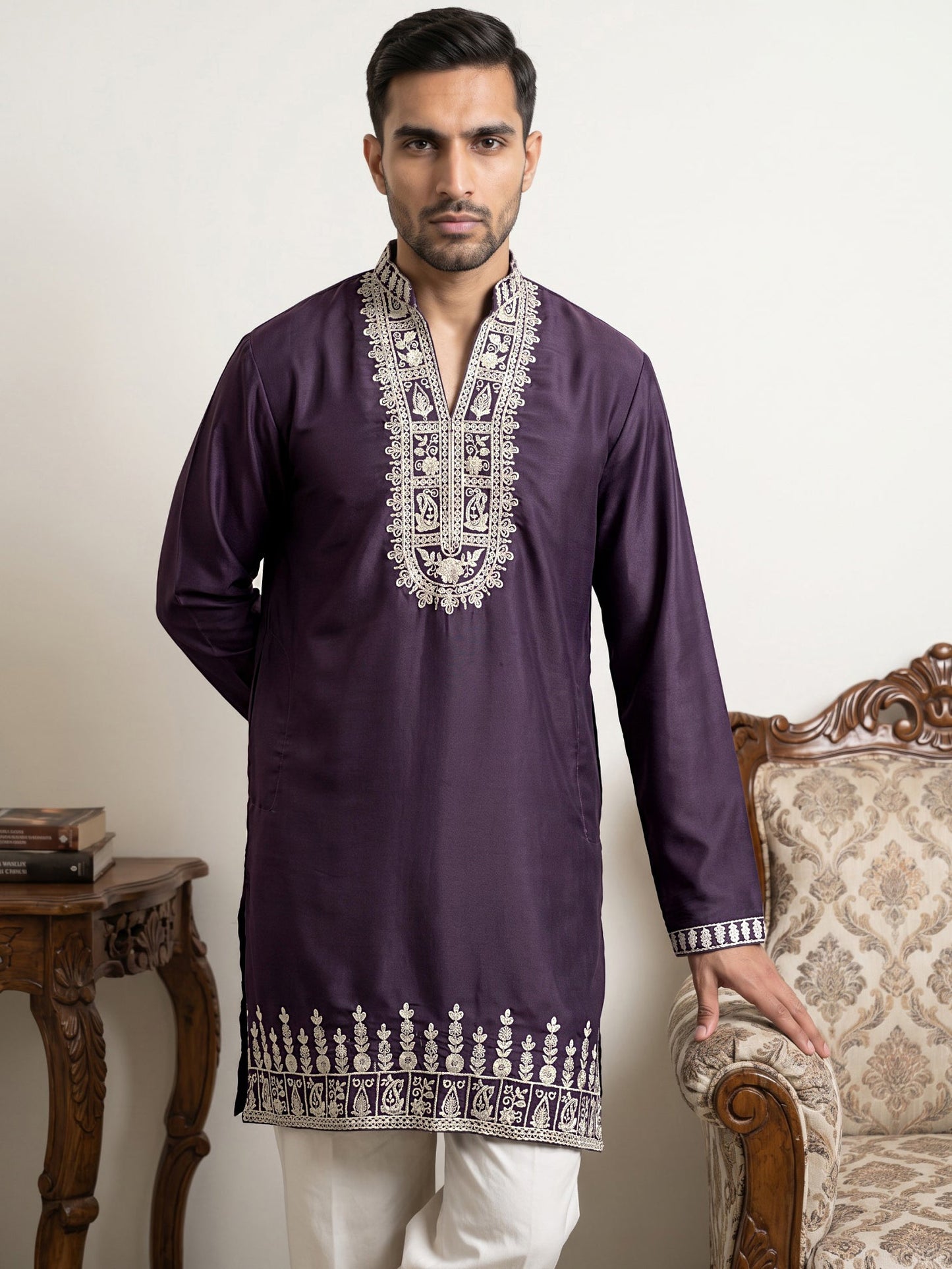 Japanese Fabric Designer Embroidered Kurta ( 65KO 5608Purple )
