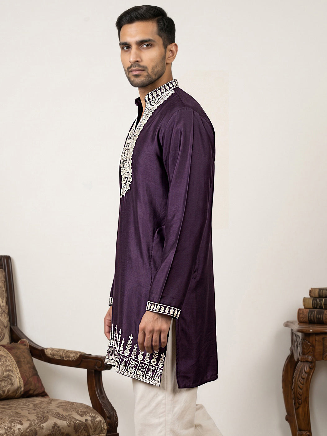 Japanese Fabric Designer Embroidered Kurta ( 65KO 5608Purple )
