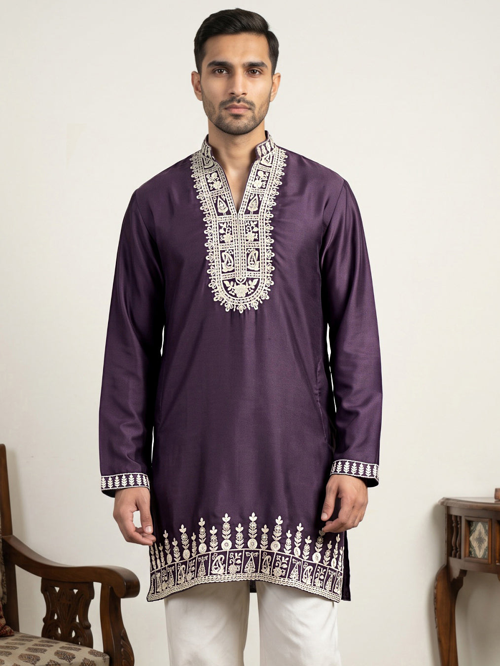 Japanese Fabric Designer Embroidered Kurta ( 65KO 5608Purple )