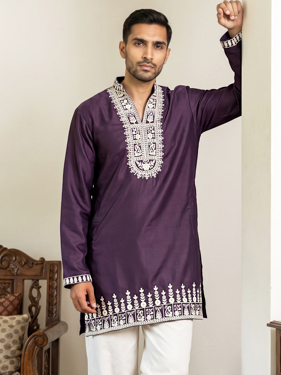 Japanese Fabric Designer Embroidered Kurta ( 65KO 5608Purple )