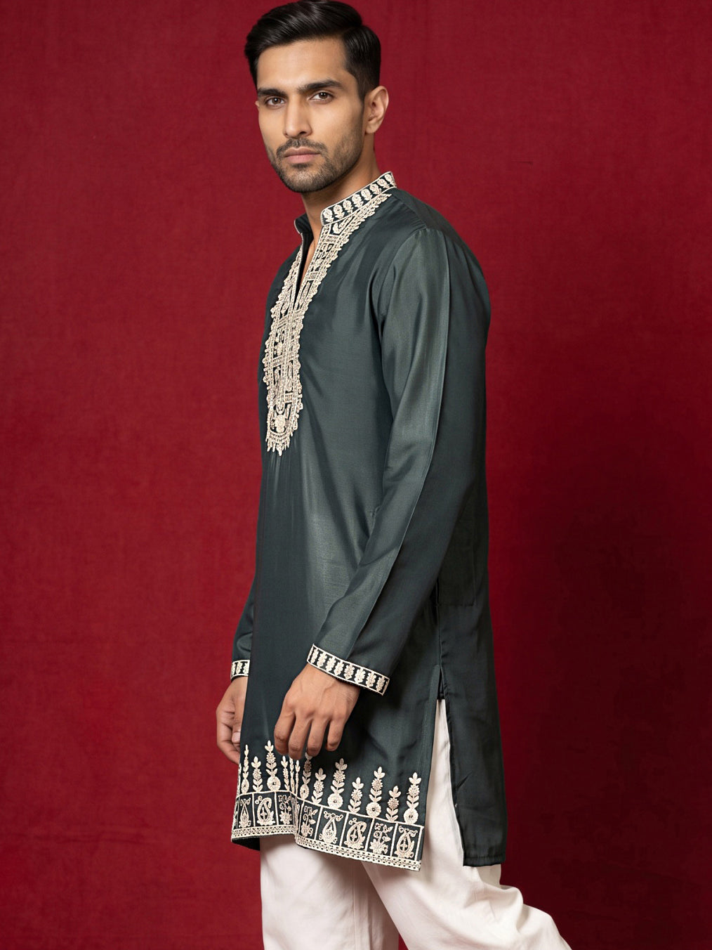 Japanese Fabric Designer Embroidered Kurta ( 65KO 5608Teal )