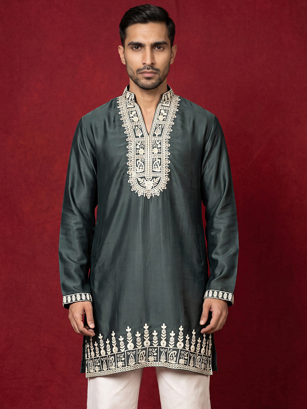 Japanese Fabric Designer Embroidered Kurta ( 65KO 5608Teal )