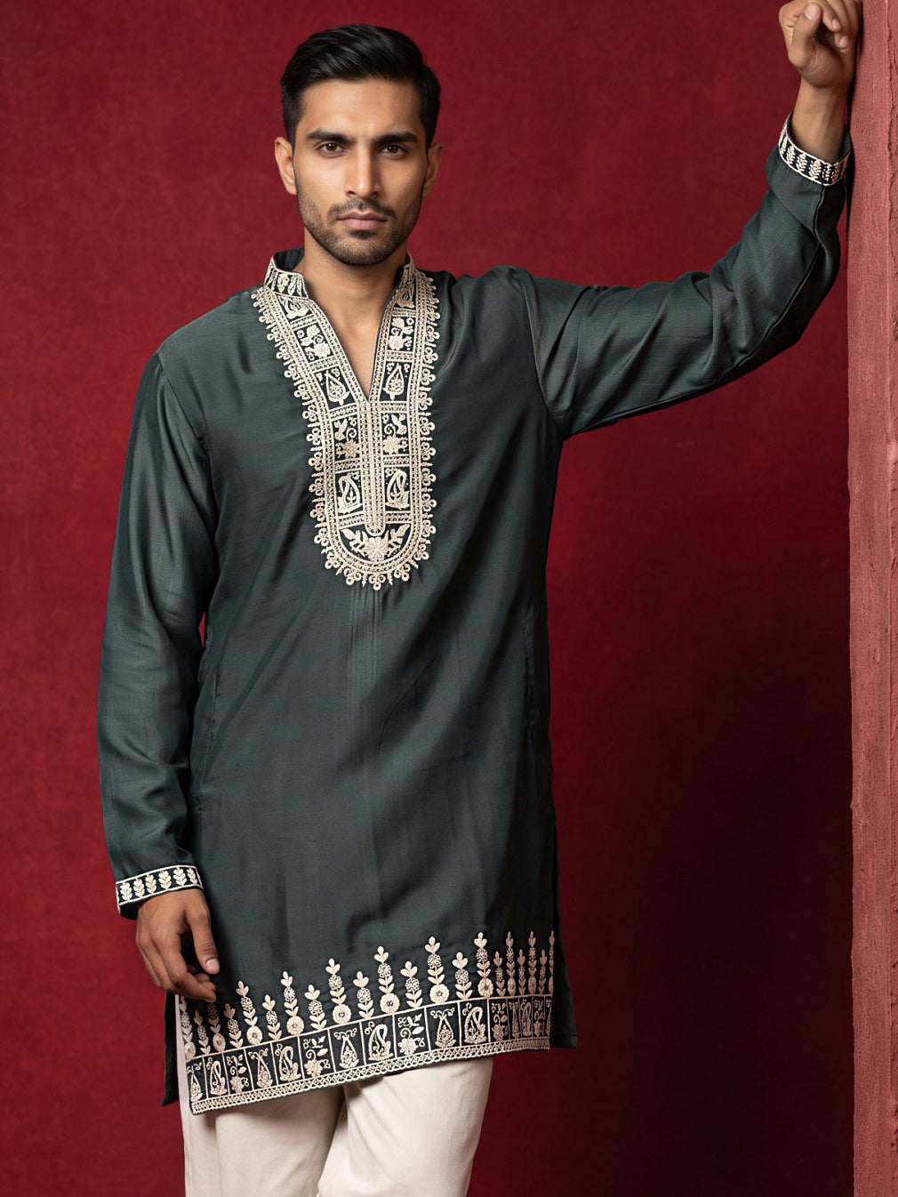 Japanese Fabric Designer Embroidered Kurta ( 65KO 5608Teal )