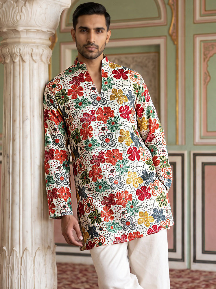 Silk Blend Designer Embroidered Kurta ( 65KO 5609White )