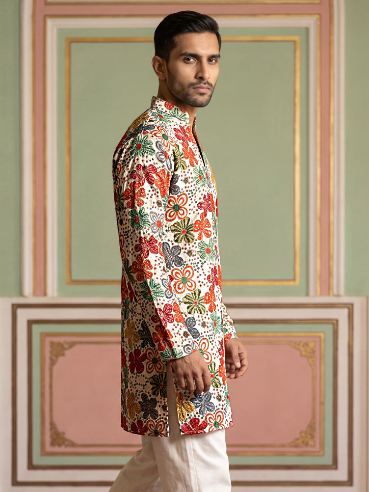 Silk Blend Designer Embroidered Kurta ( 65KO 5609White )