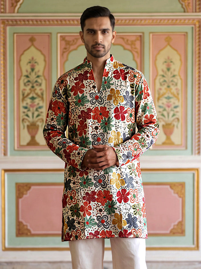 Silk Blend Designer Embroidered Kurta ( 65KO 5609White )