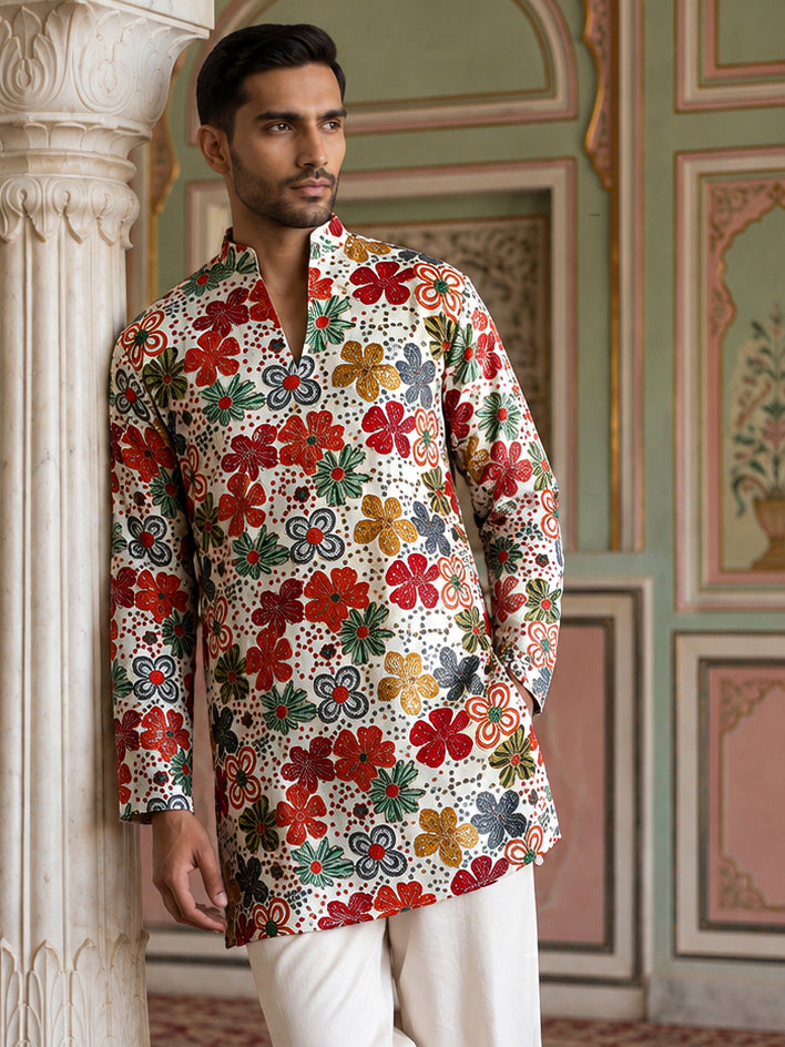 Silk Blend Designer Embroidered Kurta ( 65KO 5609White )