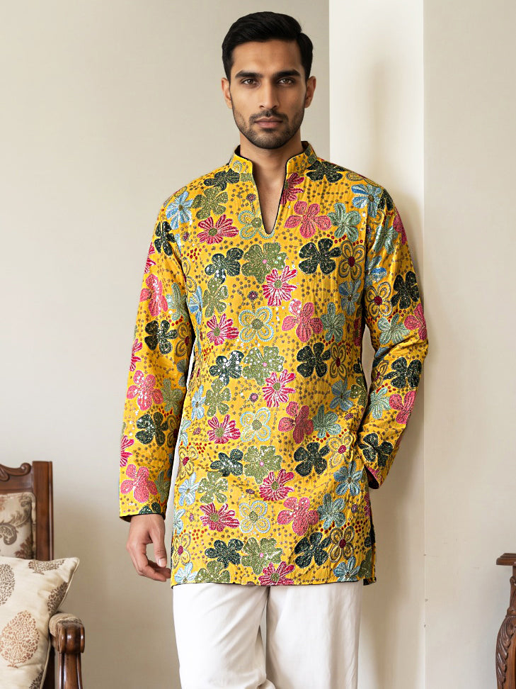 Silk Blend Designer Embroidered Kurta ( 65KO 5609Yellow )