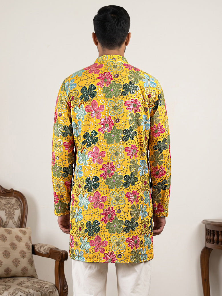 Silk Blend Designer Embroidered Kurta ( 65KO 5609Yellow )