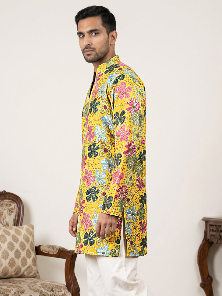 Silk Blend Designer Embroidered Kurta ( 65KO 5609Yellow )