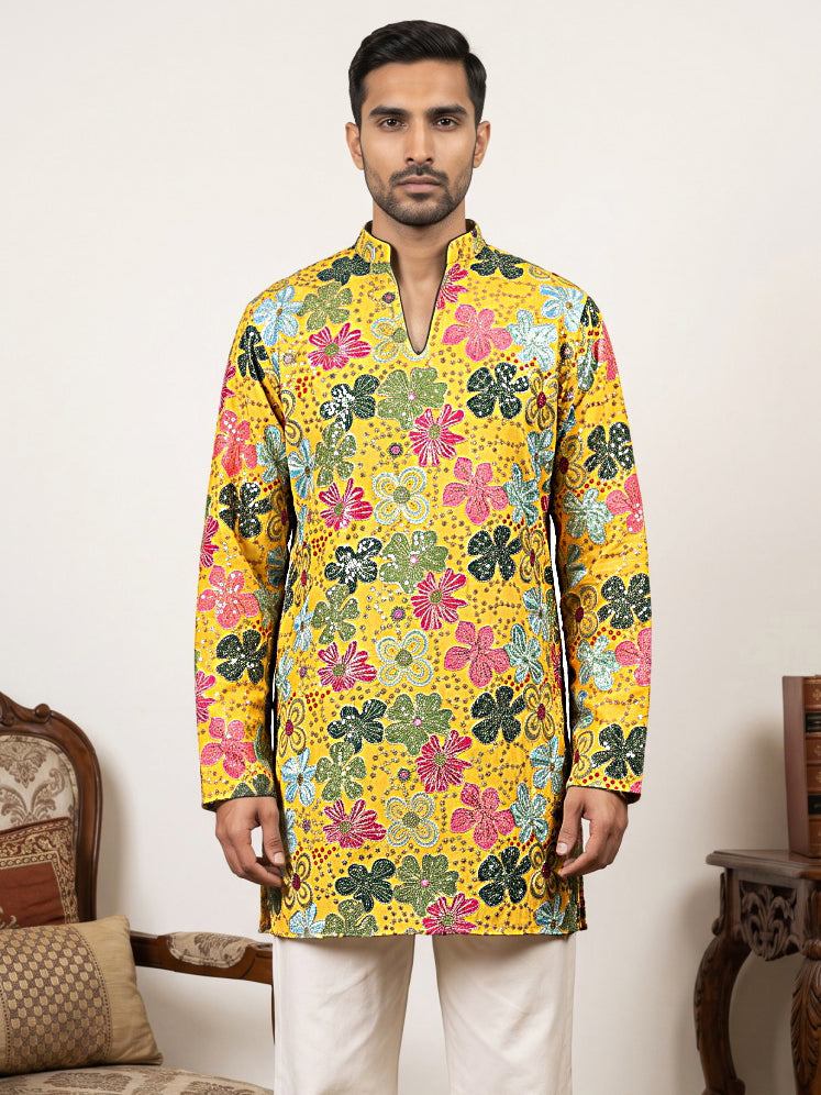 Silk Blend Designer Embroidered Kurta ( 65KO 5609Yellow )