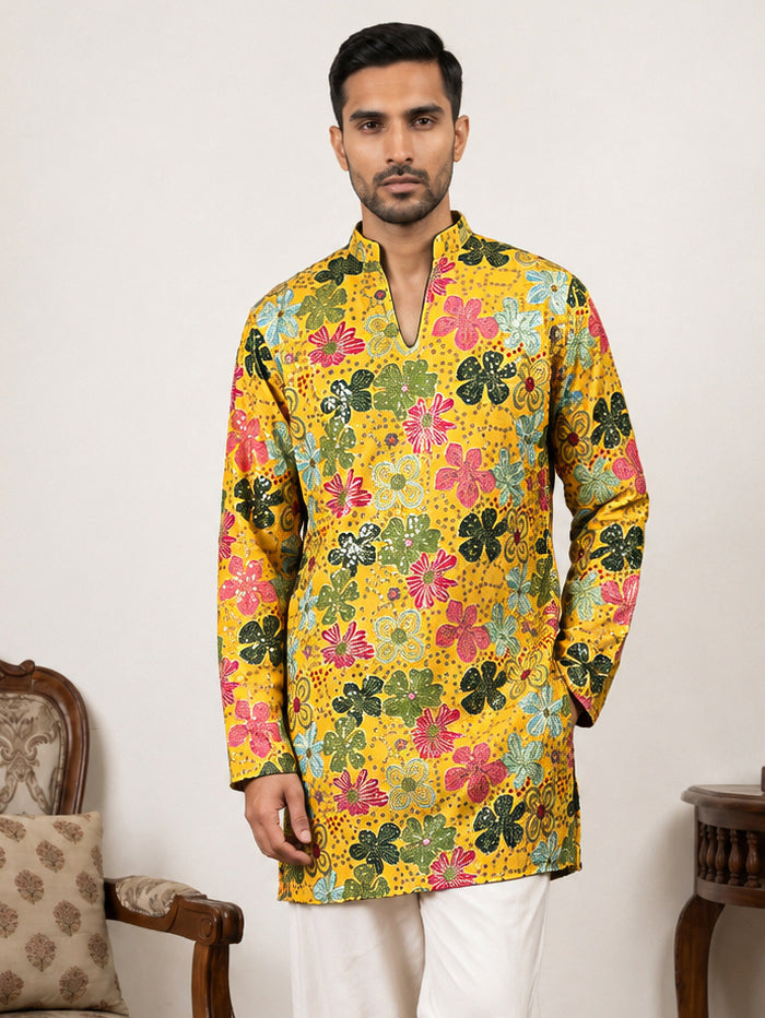 Silk Blend Designer Embroidered Kurta ( 65KO 5609Yellow )
