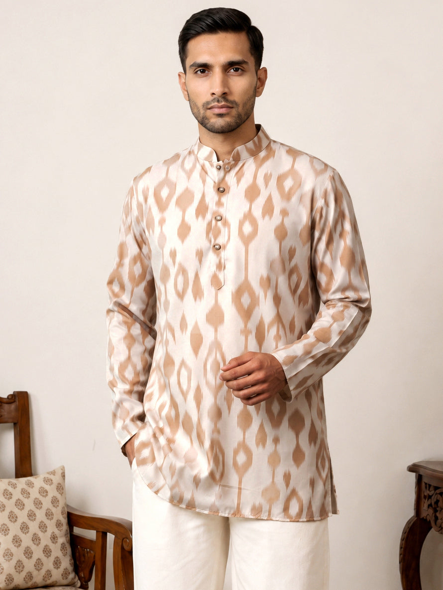 Men Cotton Blend Ikat Printed Kurta ( 65KO 5610Beige )