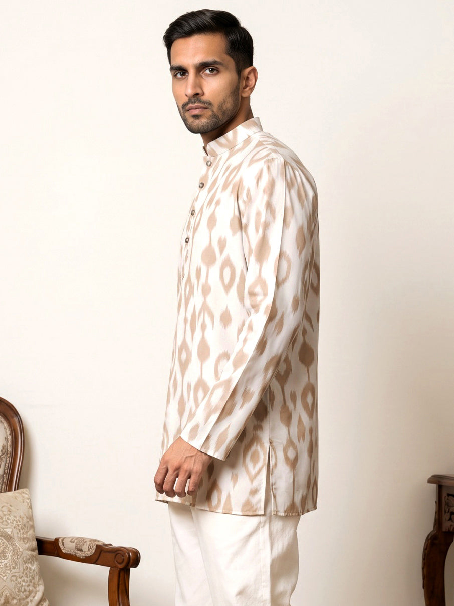 Men Cotton Blend Ikat Printed Kurta ( 65KO 5610Beige )