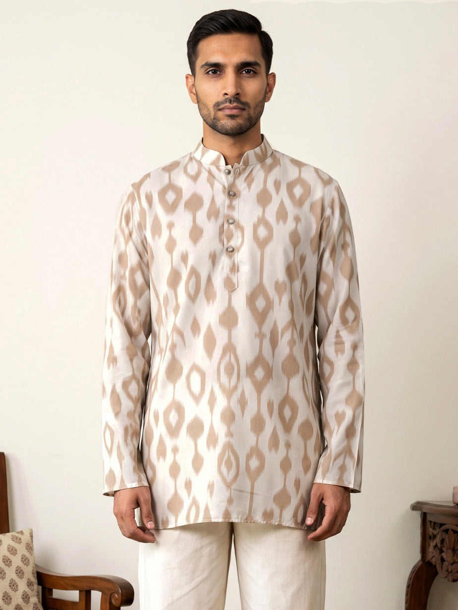 Men Cotton Blend Ikat Printed Kurta ( 65KO 5610Beige )