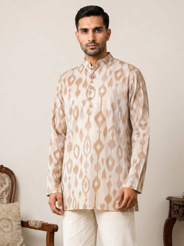 Men Cotton Blend Ikat Printed Kurta ( 65KO 5610Beige )