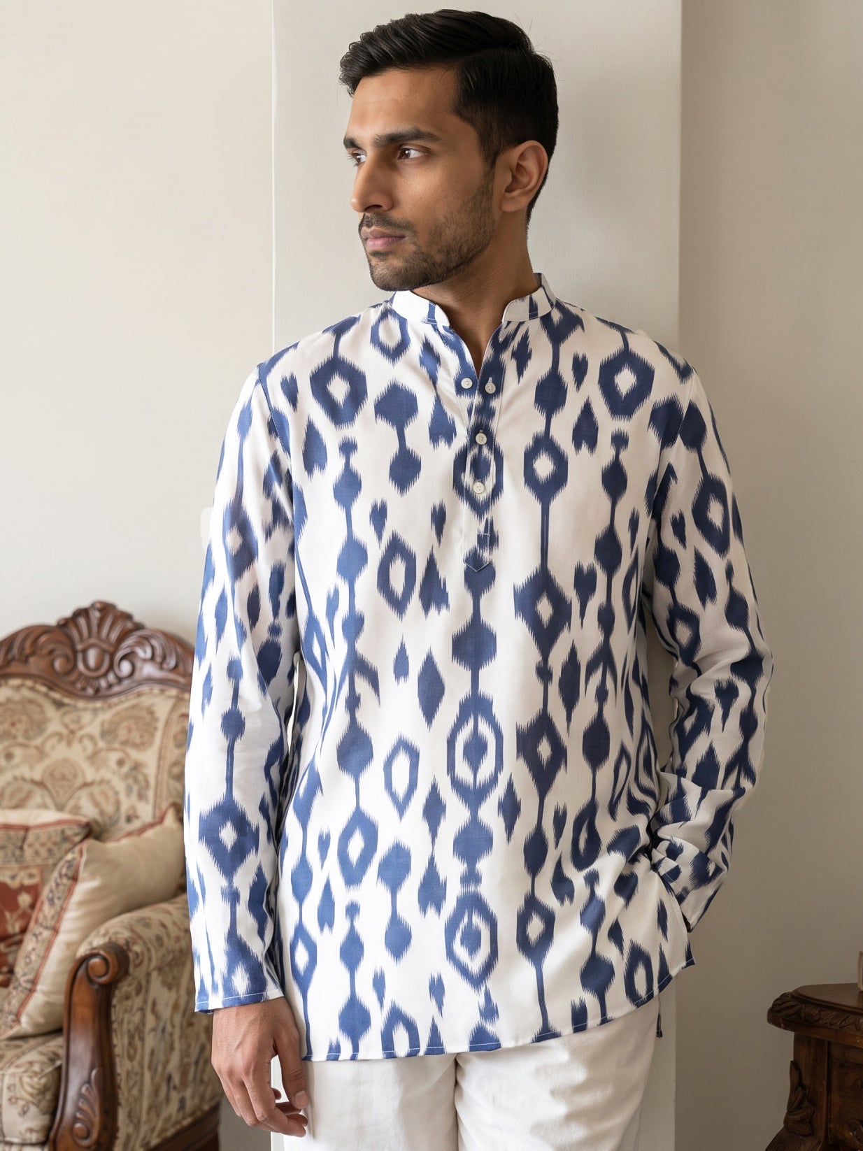 Men Cotton Blend Ikat Printed Kurta ( 65KO 5610Blue )