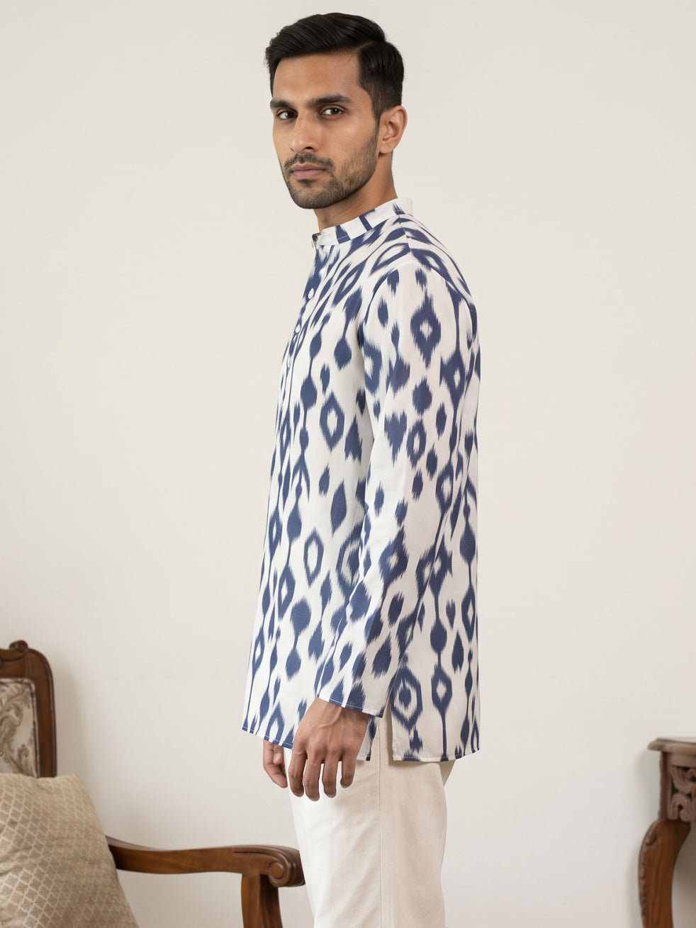 Men Cotton Blend Ikat Printed Kurta ( 65KO 5610Blue )