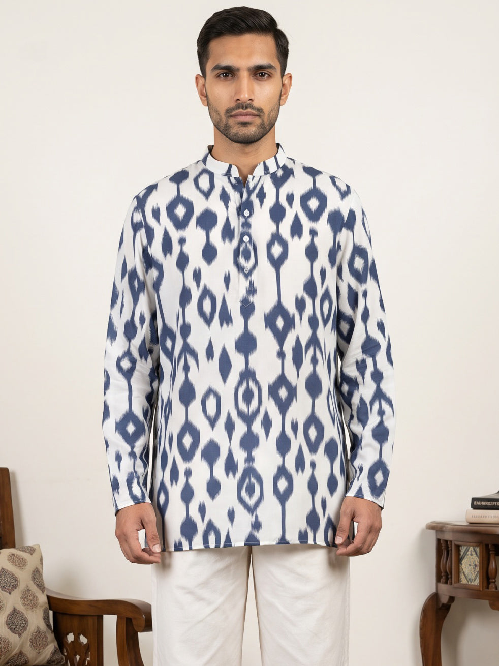 Men Cotton Blend Ikat Printed Kurta ( 65KO 5610Blue )