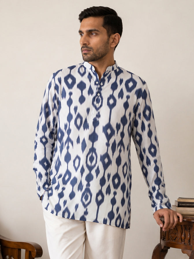 Men Cotton Blend Ikat Printed Kurta ( 65KO 5610Blue )