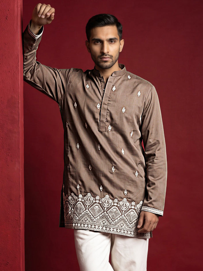 Cotton Blend Ethnic Embroidered Kurta ( 65KO 5611Brown )