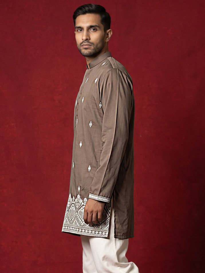 Cotton Blend Ethnic Embroidered Kurta ( 65KO 5611Brown )
