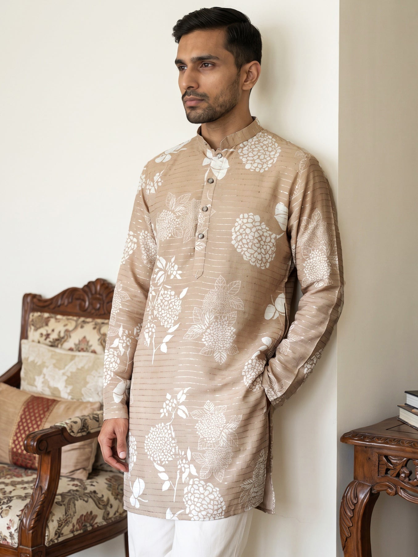 Cotton Blend Printed & Thread Work Kurta ( 65KO 5612Beige )
