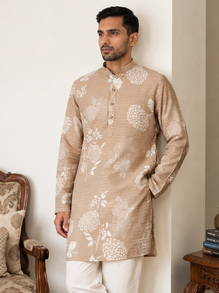 Cotton Blend Printed & Thread Work Kurta ( 65KO 5612Beige )
