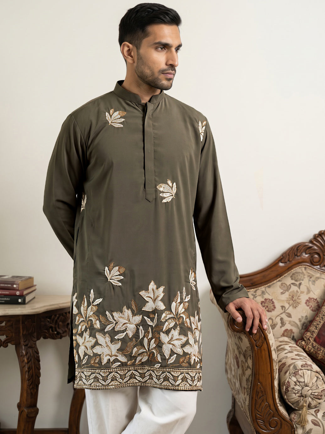 Men's Japanese Fabric Designer Embroidered Kurta ( 65KO 5615Grey )