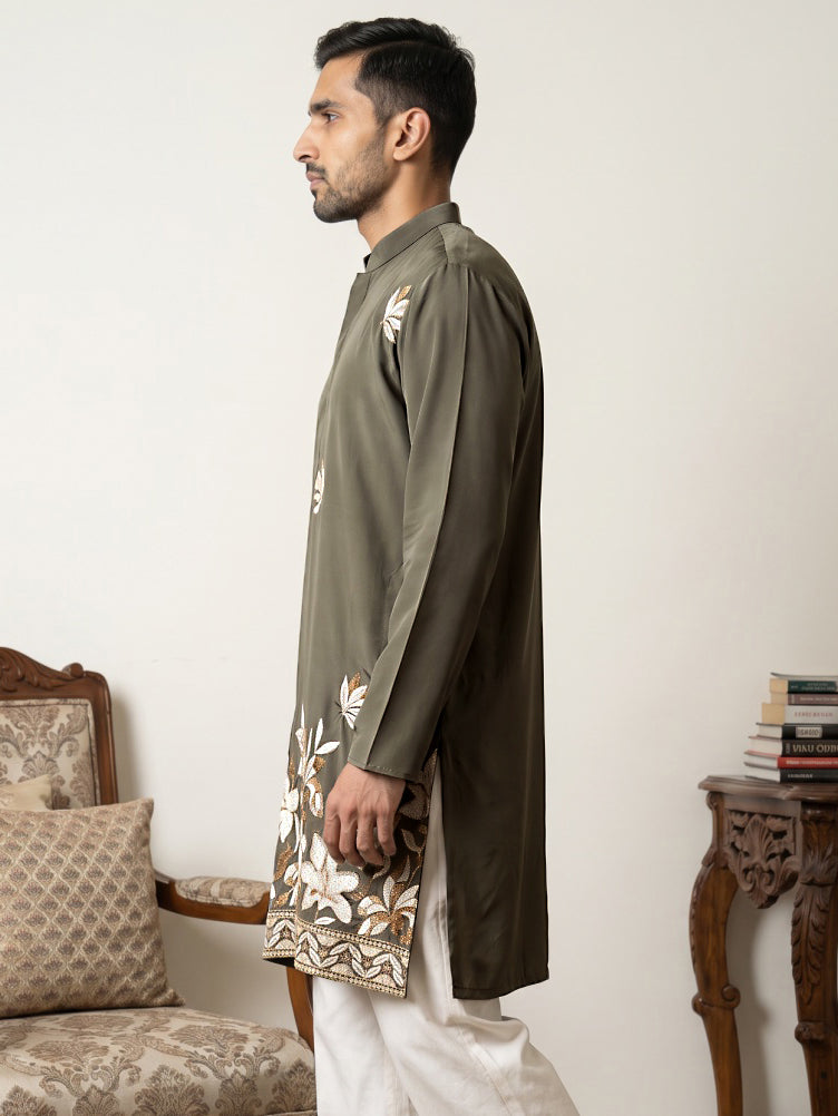 Men's Japanese Fabric Designer Embroidered Kurta ( 65KO 5615Grey )