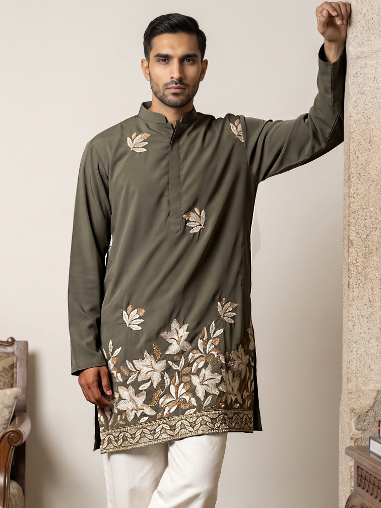 Men's Japanese Fabric Designer Embroidered Kurta ( 65KO 5615Grey )