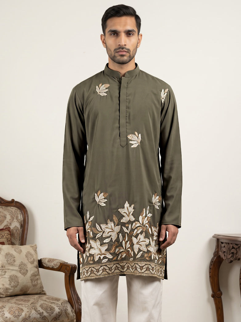 Men's Japanese Fabric Designer Embroidered Kurta ( 65KO 5615Grey )