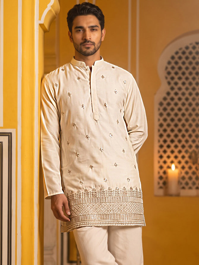 Japanese Fabric Ethnic Embroidered Kurta for Men ( 65KO 5616Cream )