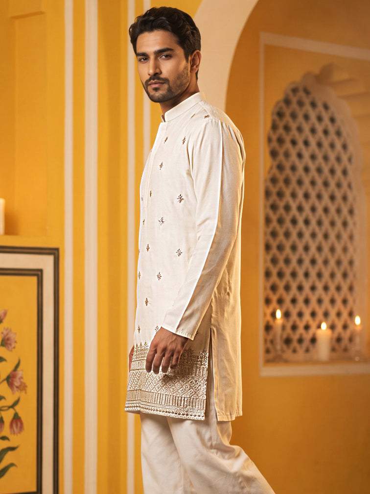Japanese Fabric Ethnic Embroidered Kurta for Men ( 65KO 5616Cream )