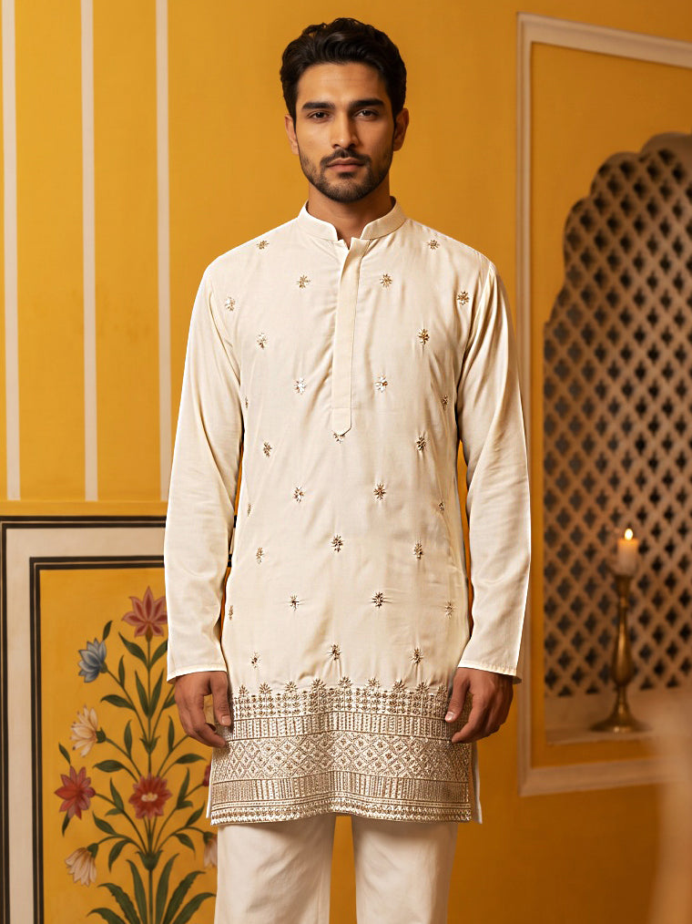 Japanese Fabric Ethnic Embroidered Kurta for Men ( 65KO 5616Cream )