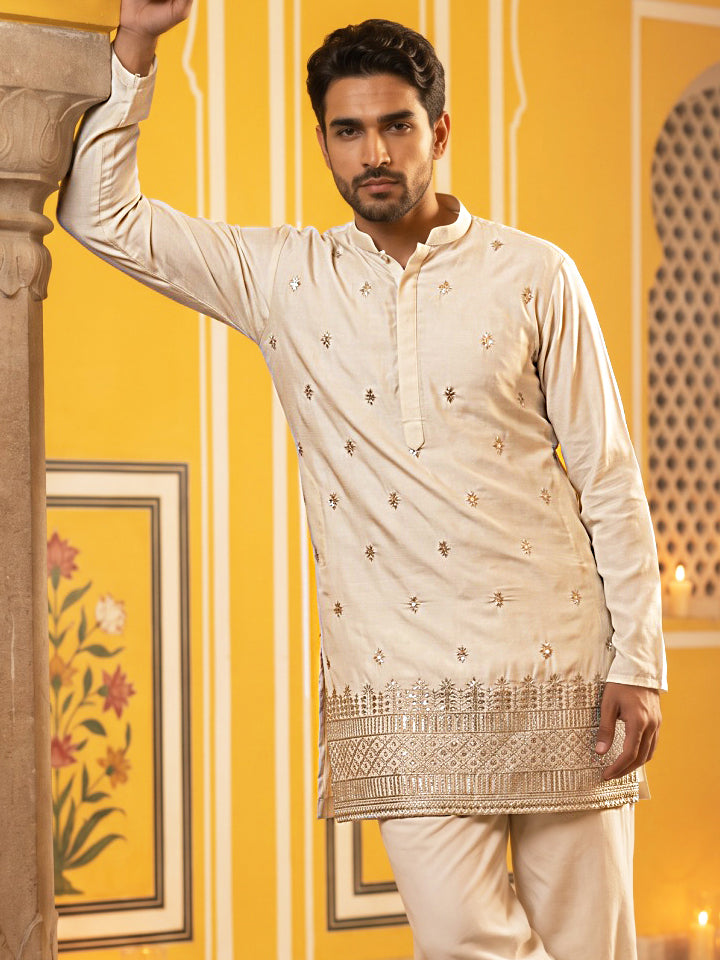 Japanese Fabric Ethnic Embroidered Kurta for Men ( 65KO 5616Cream )