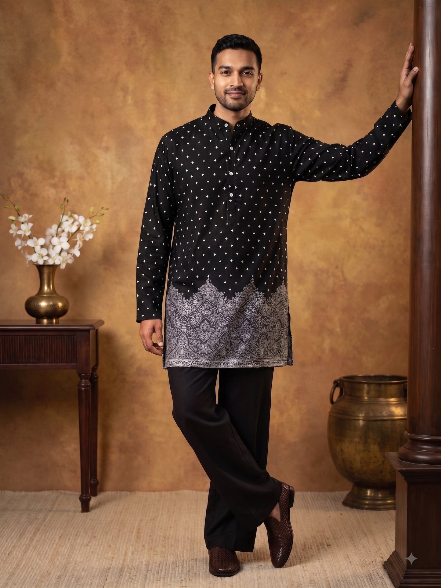 Printed Cotton Blend Kurta for Men ( 65KO 5622Black )