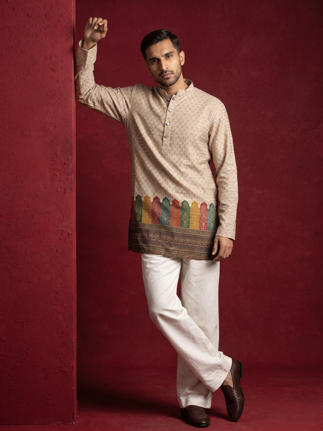 Cotton Blend Printed & Thread Work Kurta for Men ( 65KO 5623Beige )
