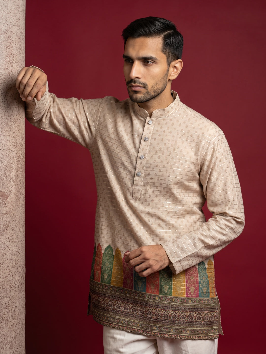 Cotton Blend Printed & Thread Work Kurta for Men ( 65KO 5623Beige )
