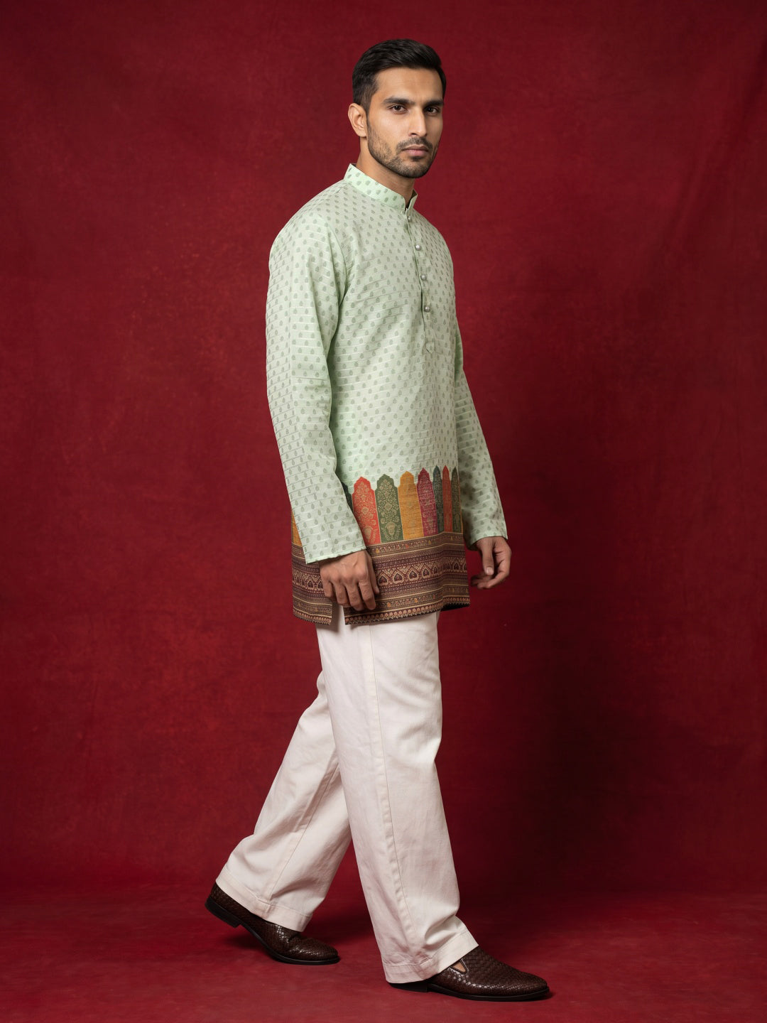 Cotton Blend Printed & Thread Work Kurta for Men ( 65KO 5623Pista )